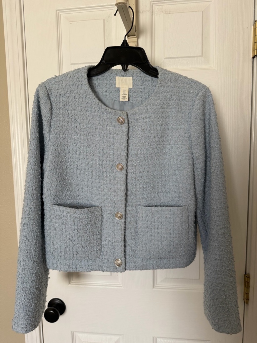 H&M Light Blue Bouclé Cropped Blazer